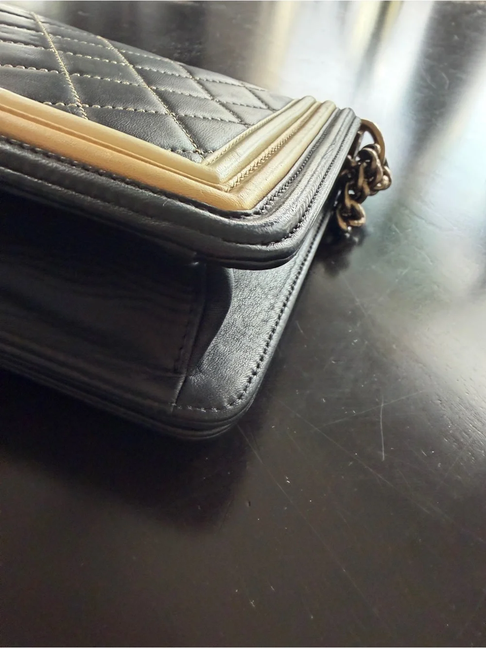 CHANEL Black and Cream Quilted Crossbody with Gold Hardware